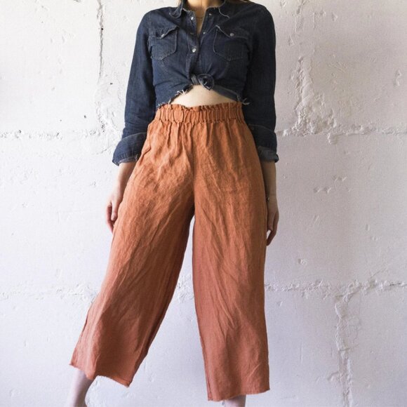 Cropped Wide Leg 100% Linen trousers Indie Brand Len OK - Picture 1 of 9
